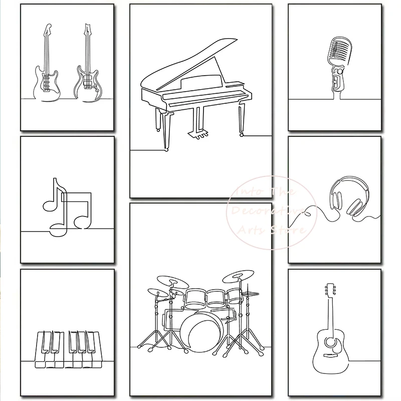 Nordic Black White Musical Instruments Line Drawing Piano Key Guitar Poster Canvas Painting Wall Art Pictures Home Nursery Decor