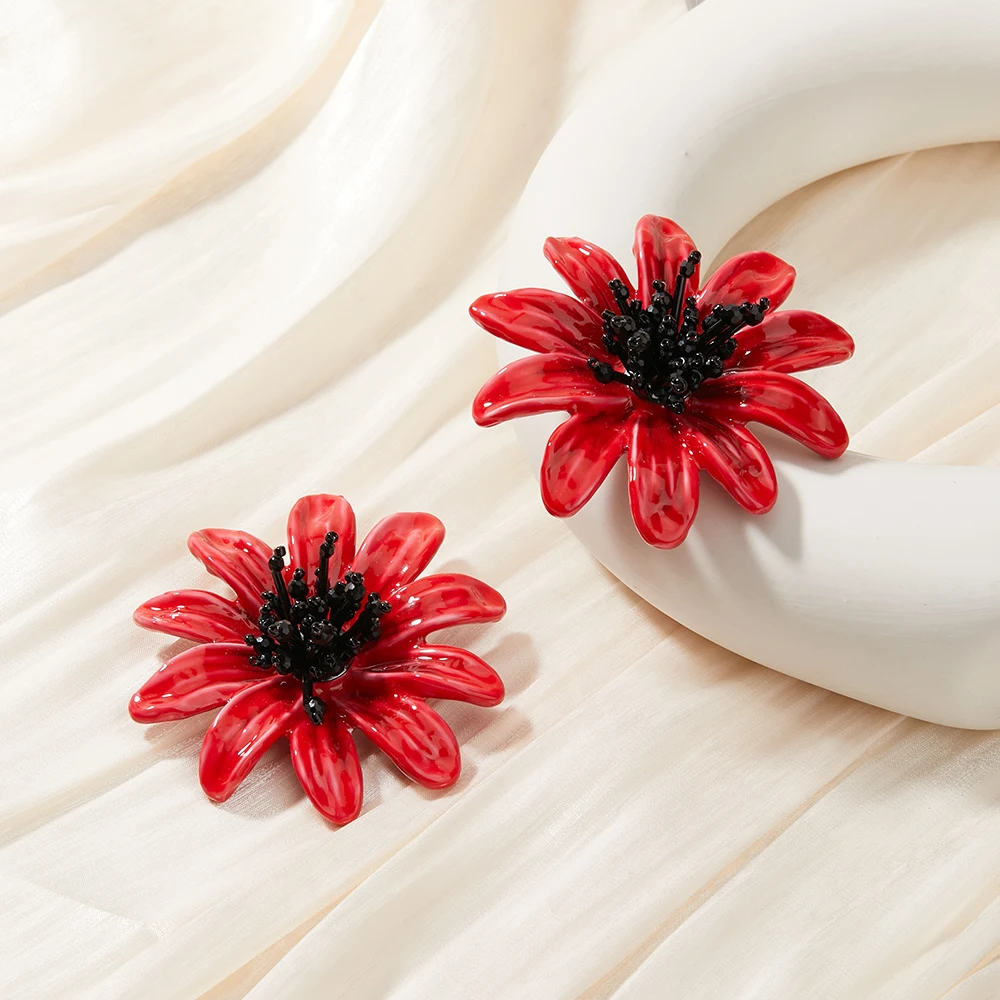 Vintage Red Glass Material Flower Style Women's Earrings Fashionable Sweet Personalized Aretes Para Mujer