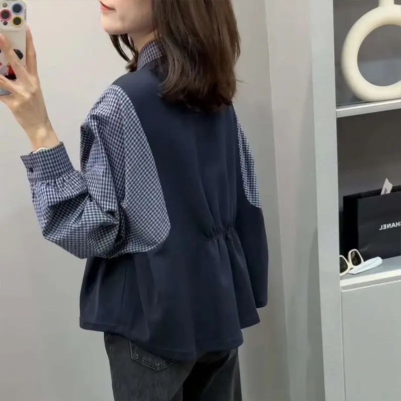 

plus Size Women's Shirt Korean Style Plaid Splicing Loose Long Sleeve Spring Autumn Slimming Versatile Top High Waist Design