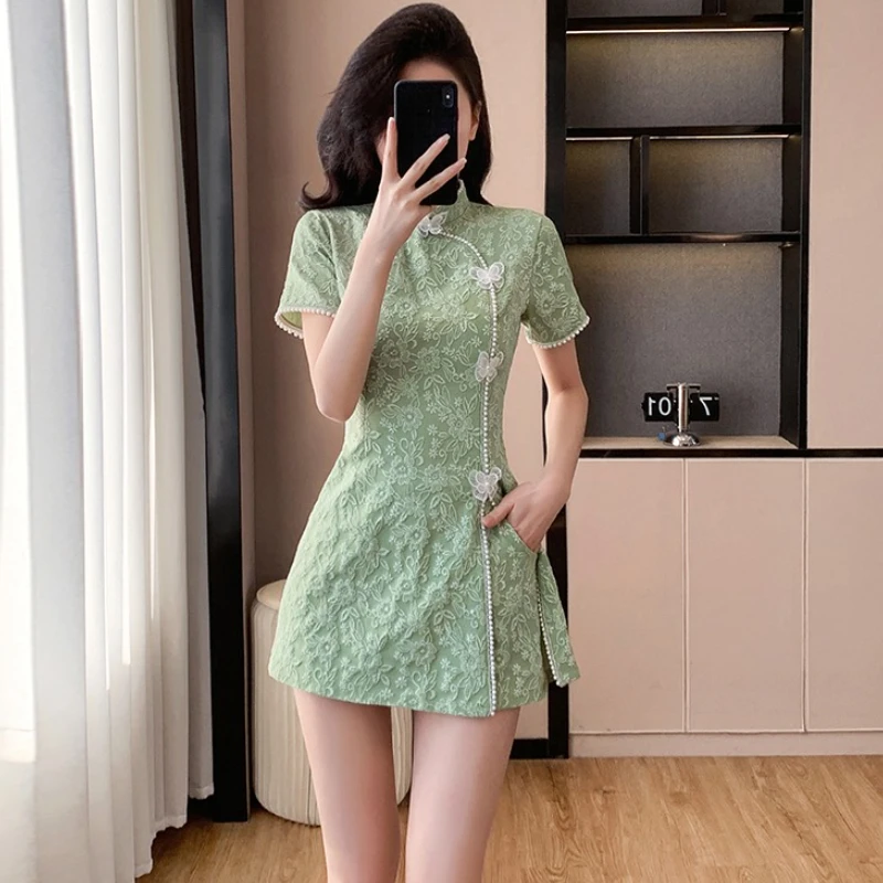 

Women's Butterfly Jacquard Qipao Set Summer Green Pink Dress & Shorts Modern Cheongsam Resort Wear 2 Piece Party Suit Girls