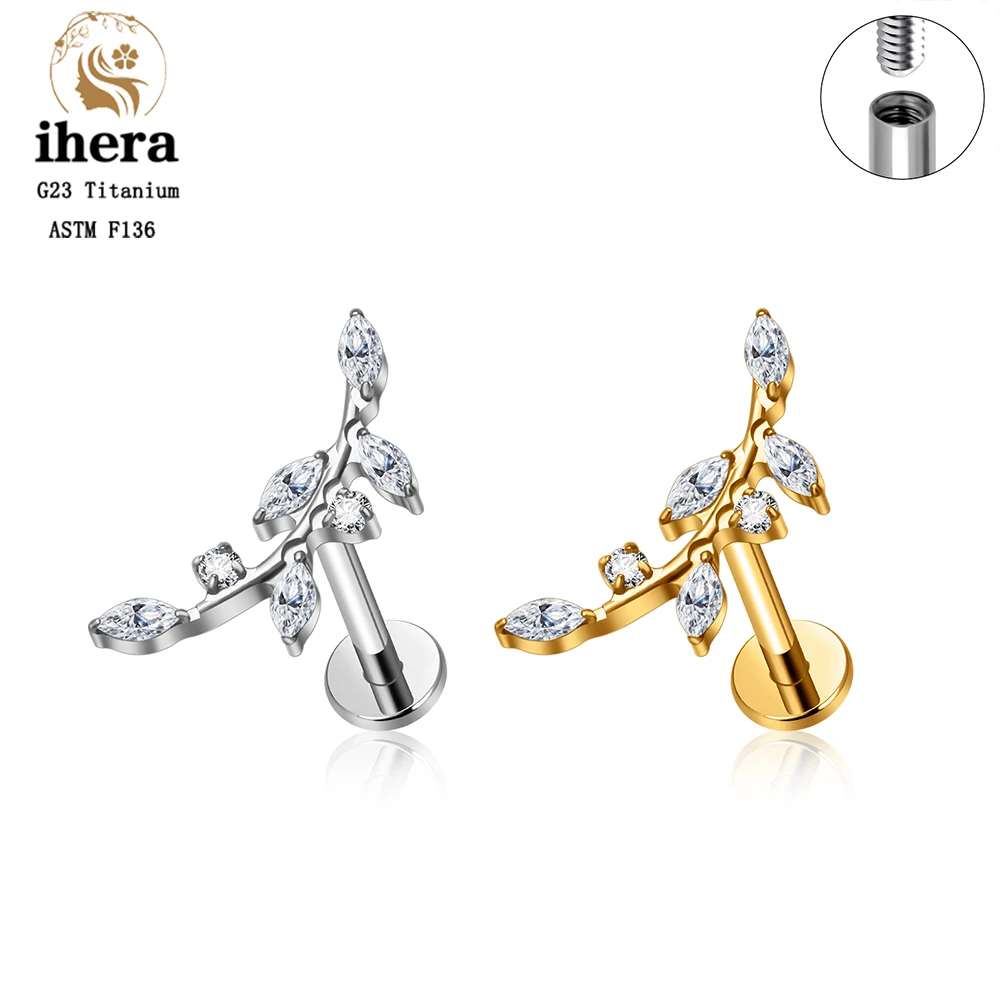 ASTM F136 Titanium 16G CZ Leaf Ear Cartilage Tragus Helix Conch Piercing Earring Studs Internal Thread Labret Rings Body Jewelry
