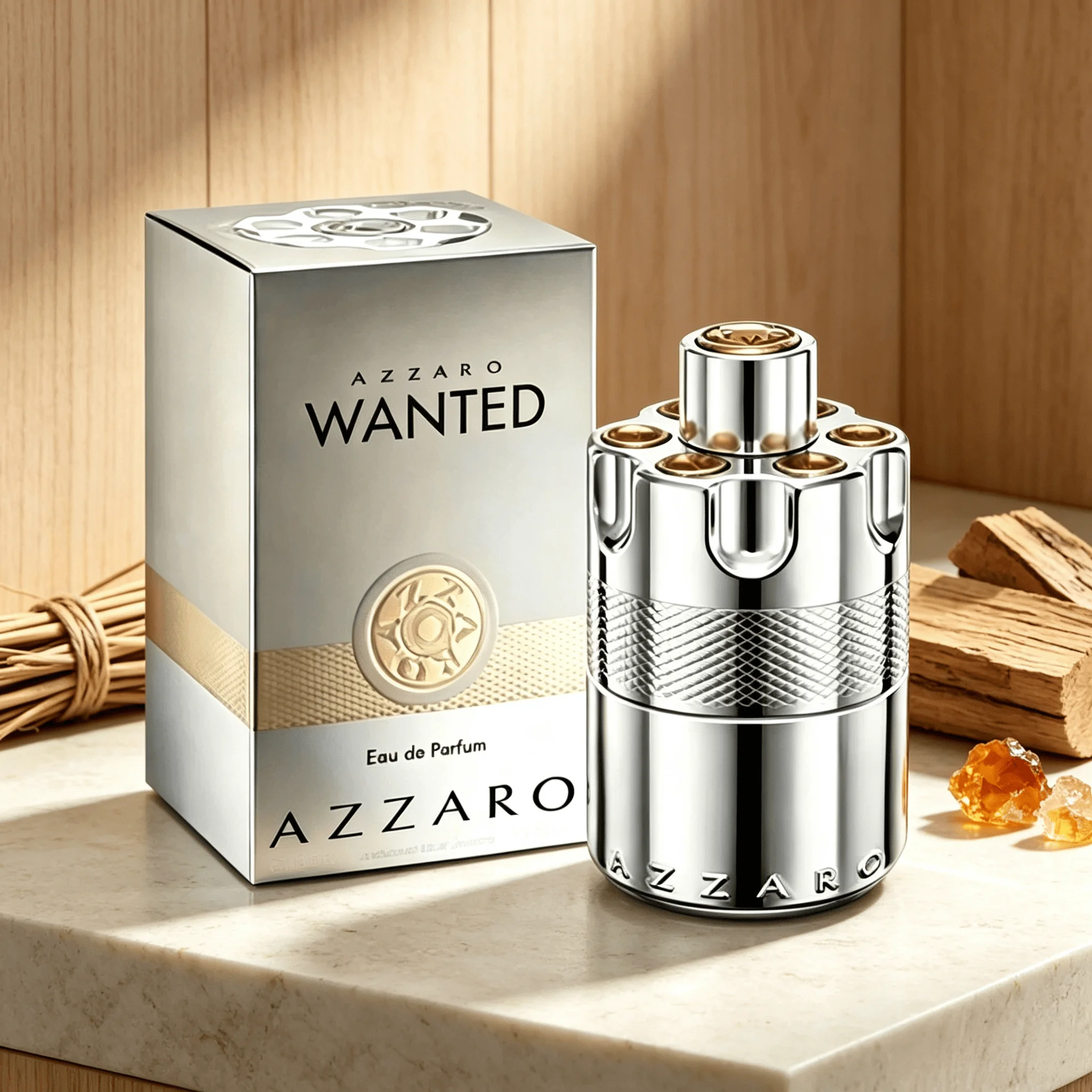 Azzaro Wanted - 1A Neutral Light Fragrance, 100 ml in Size, Featuring the Distinctive Silver-Golden Bullet-Shaped Bottle. the Fresh Citrus and Woody Scent Lingers for a Long Time.