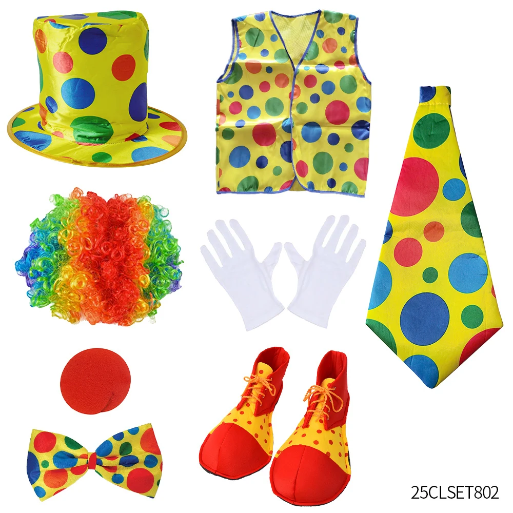 Pesenar 8 pcs Clown Kostüm Set Zirkus Clown rote Clown Nase Schuhe Weste Hut Perücke Fliege und weiße Handschuhe Halloween Cosplay