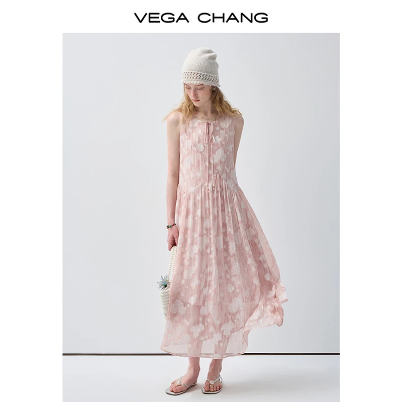 

Vega Chang Pink and White Sleeveless Dress 2026 Summer New Style Long Dress with Drawstring Design