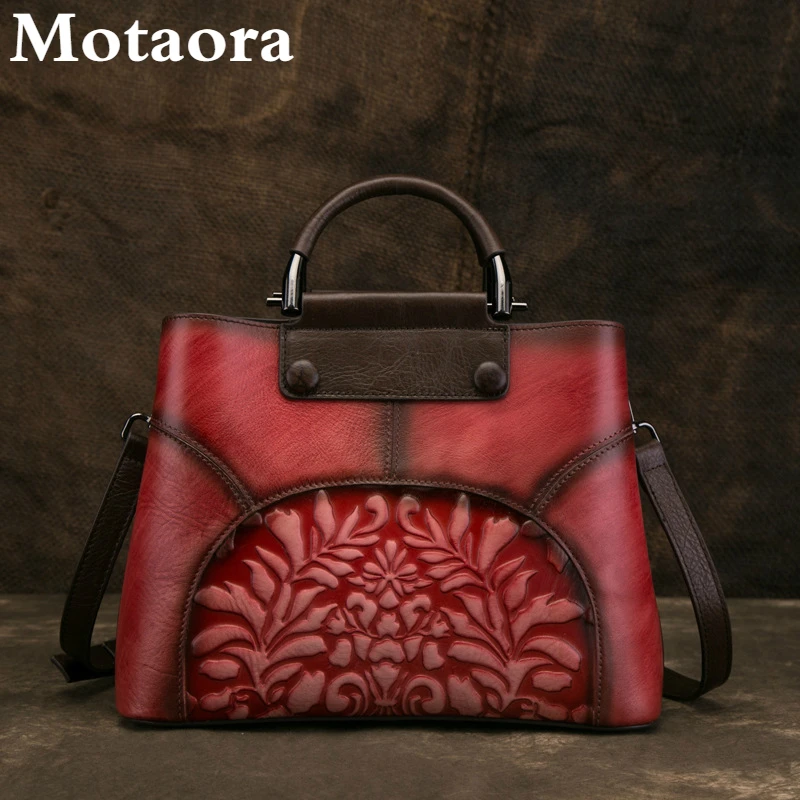 MOTAORA Handmade Patchwork Women's Shoulder Bag Woman Vintage Crossbody Bags Natural Genuine Leather Embossed Female Handbags