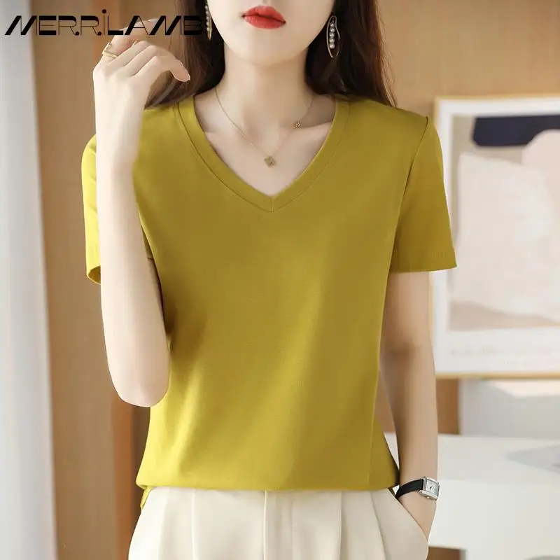 Summer Women's 100% Mercerized Cotton T-shirts V-Neck Short Sleeve Tees Solid Color Basic Cozy Classic Silk T-shirt Tops 2023