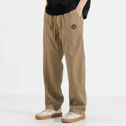Japanese Vintage Autumn New Straight Casual Pants Men Solid Drawstring Patchwork Pocket Trendy Loose Versatile Workwear Trousers