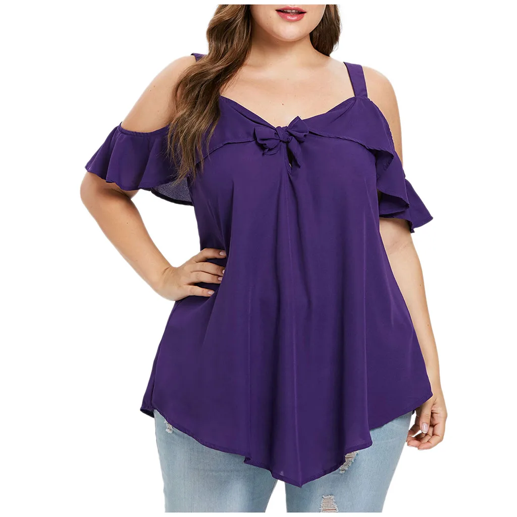 Plus Size Sexy Blouse Women Summer Cold Shoulder Solid Color Purple Black Short Sleeve Tops Shirt 2022 Camisas Clothing