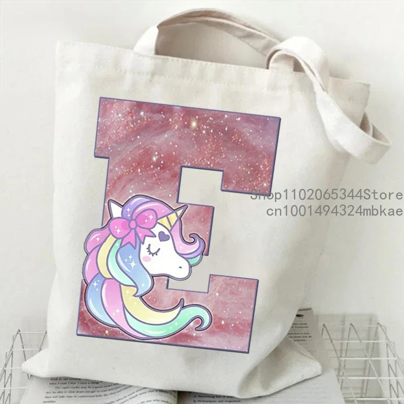 Cute Unicorn Dreams Alphabet Graphic Canvas Shopping Bag Women Cartoon Cute Unicorn Alphabet Canvas Shoulder Bag Women Tote Bags