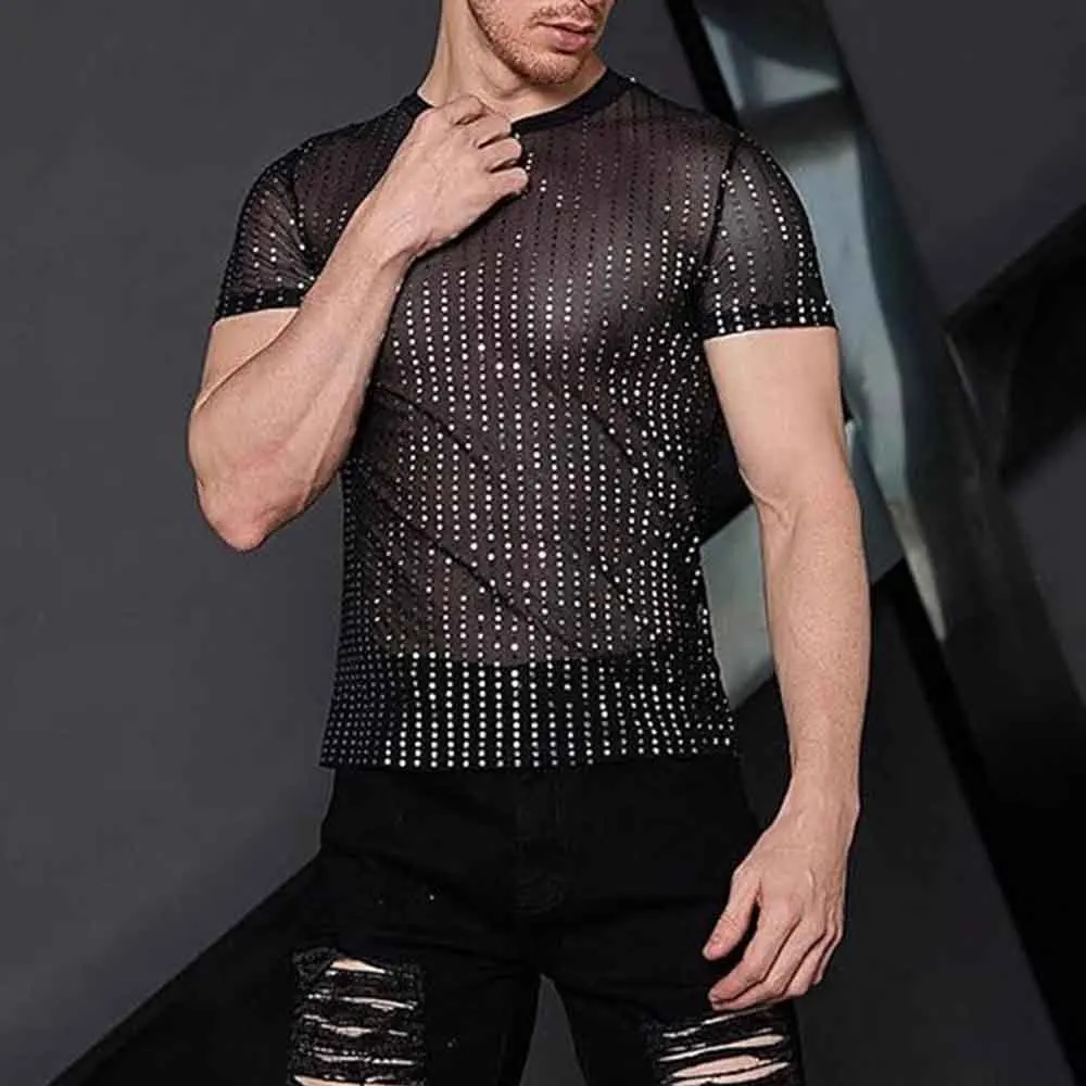 Summer New Male Sheer Short-Sleeve T-Shirt American Retro Sexy Fashion Trend High Street Loose Casual Breathable Niche Men's Top