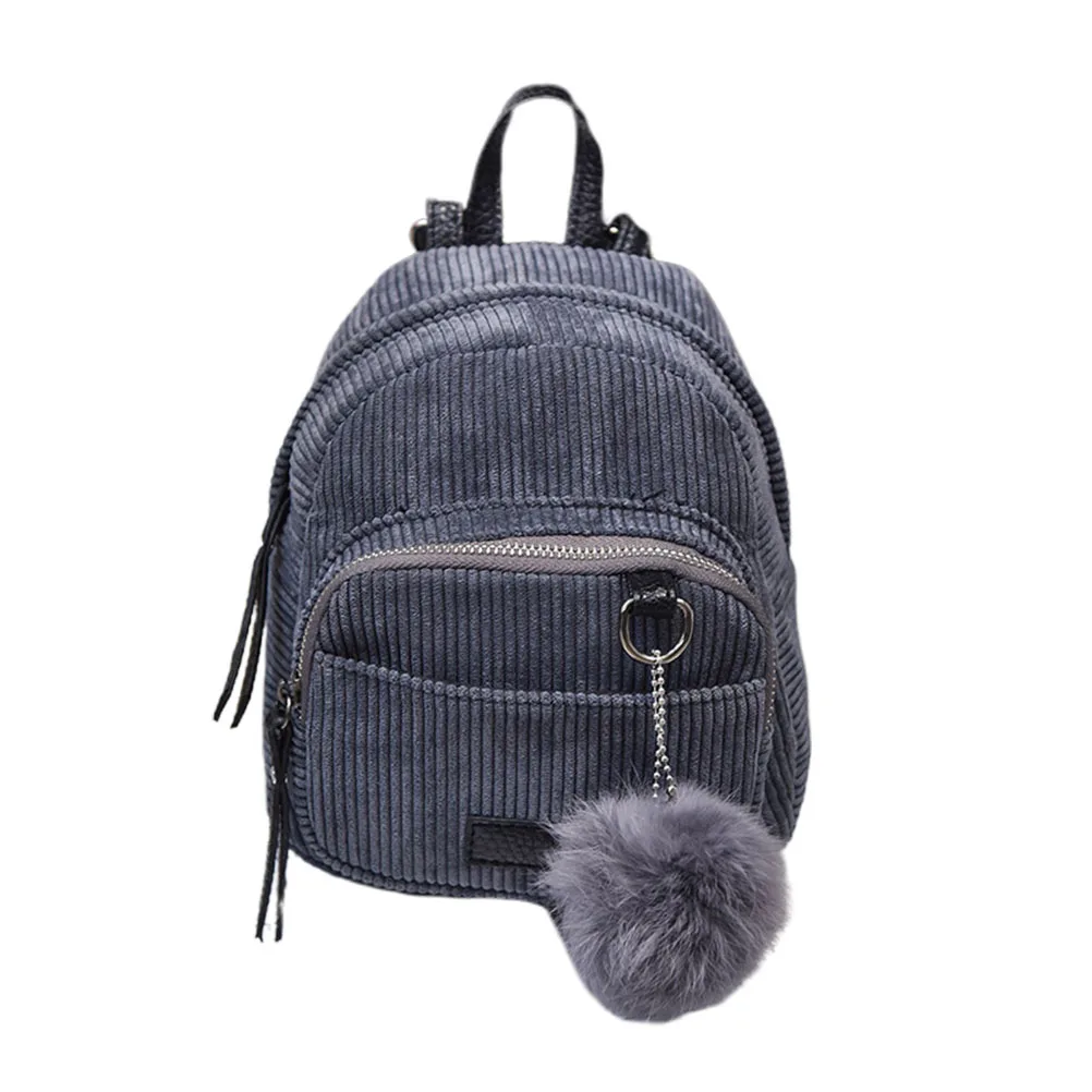 Blauw Grijs Corduroy Rugzak Haarbal Satchel Casual Dagrugzak Reizen School Boekentas voor Meisjes Mode Lichtgewicht Student