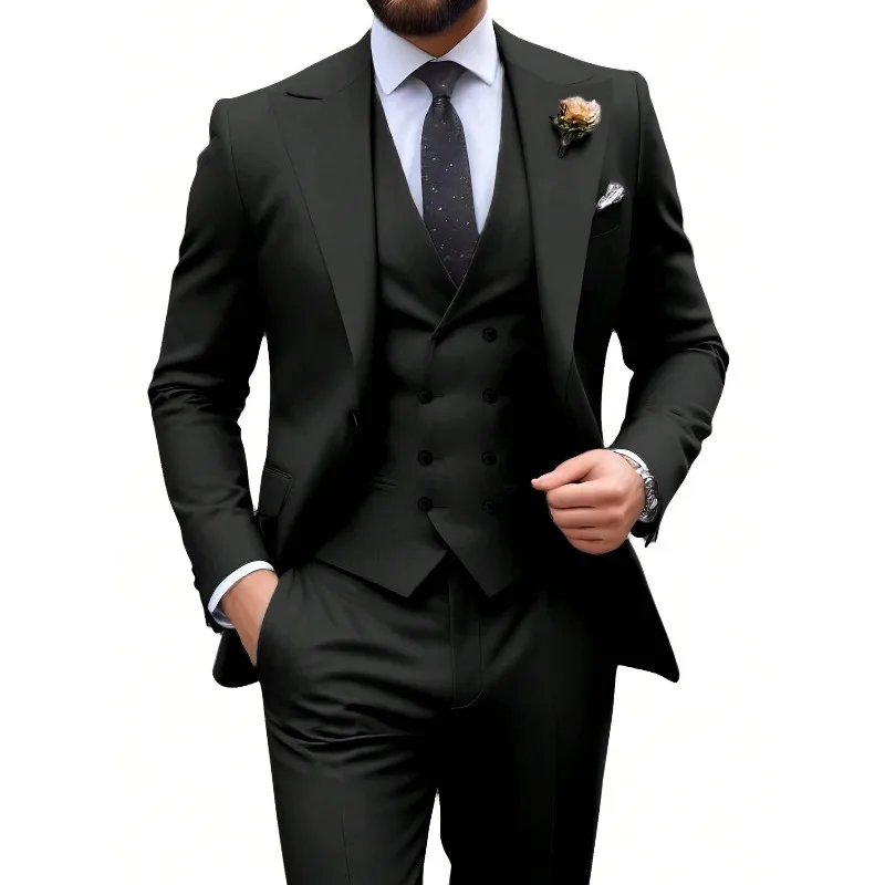 Costume 3 pièces pour homme, élégant, uni, coupe slim, blazer croisé, gilet et pantalon, pour soirée
