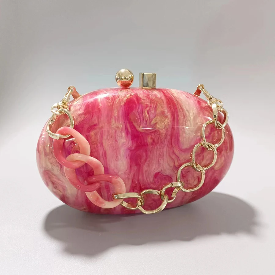 Oval Marble Party Dinner Bags Women Luxury Purses Handbags Party Evening Bag Acrylic Clutch Resin Chains Shoulder Crossbody Bag
