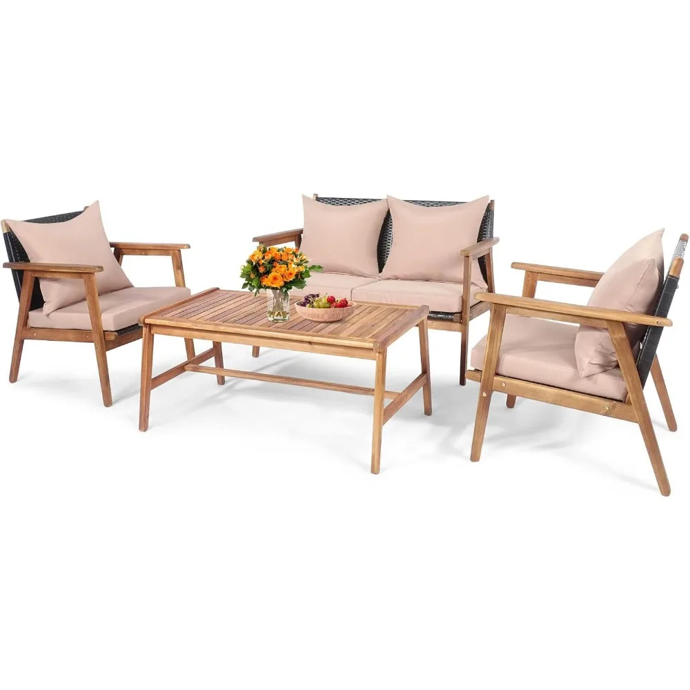 

4-Piece Patio Furniture Set, Outdoor Acacia Wood Conversation Set with Cushions and Coffee Table, Outdoor PE Wicker Sec