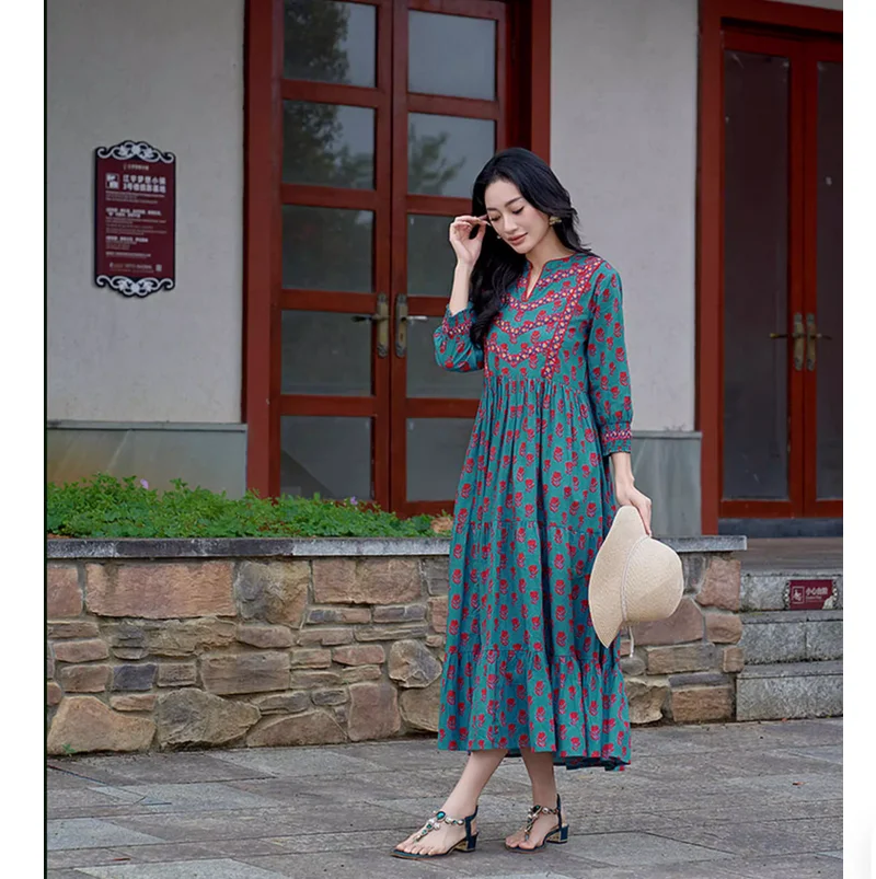 indian ethnic maxi dress Hand Block Printed Cotton Dress: Indian Ethnic Long Gown