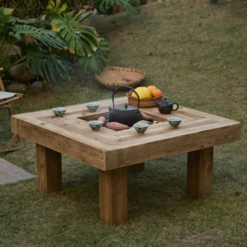Solid wood outdoor fireplace brewing tea balcony tea table square heating table roasting homestay home