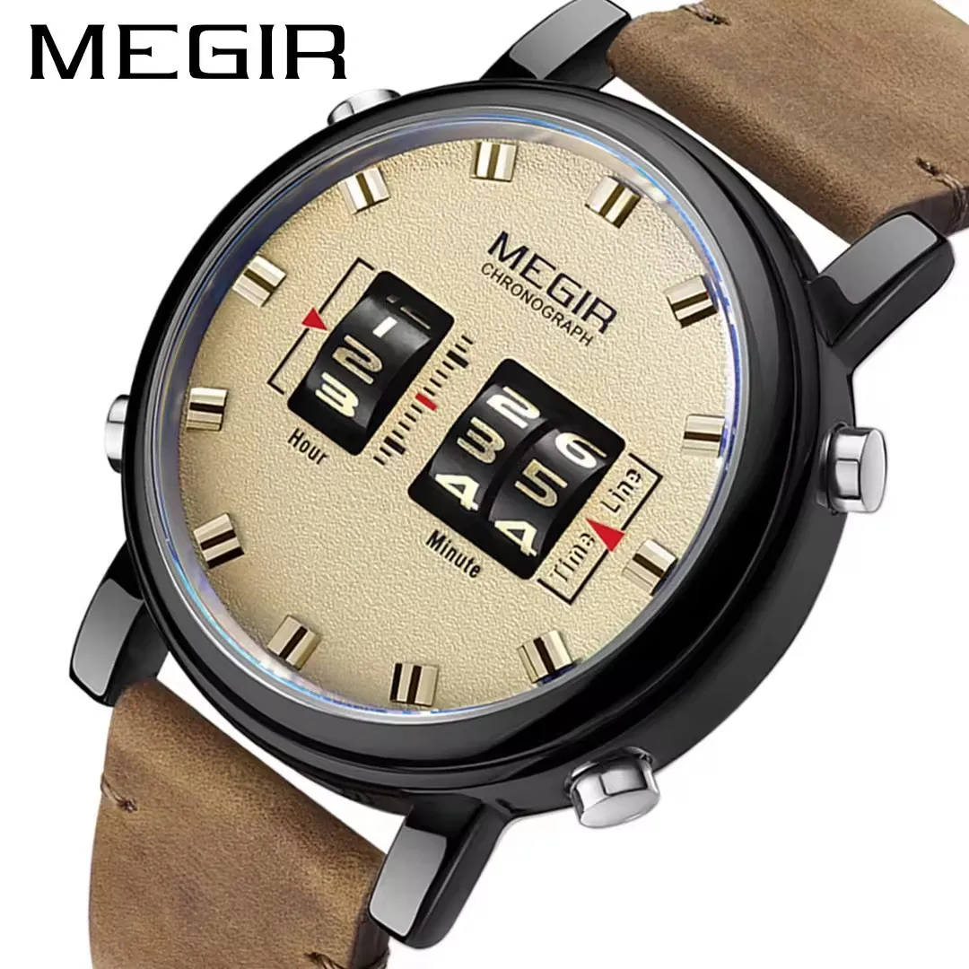 MEGIR 2137 Relojes Para Hombres Watches Men Military Sport Brown Leather Quartz Wrist Watch Luxury Drum Roller Relogio Masculino