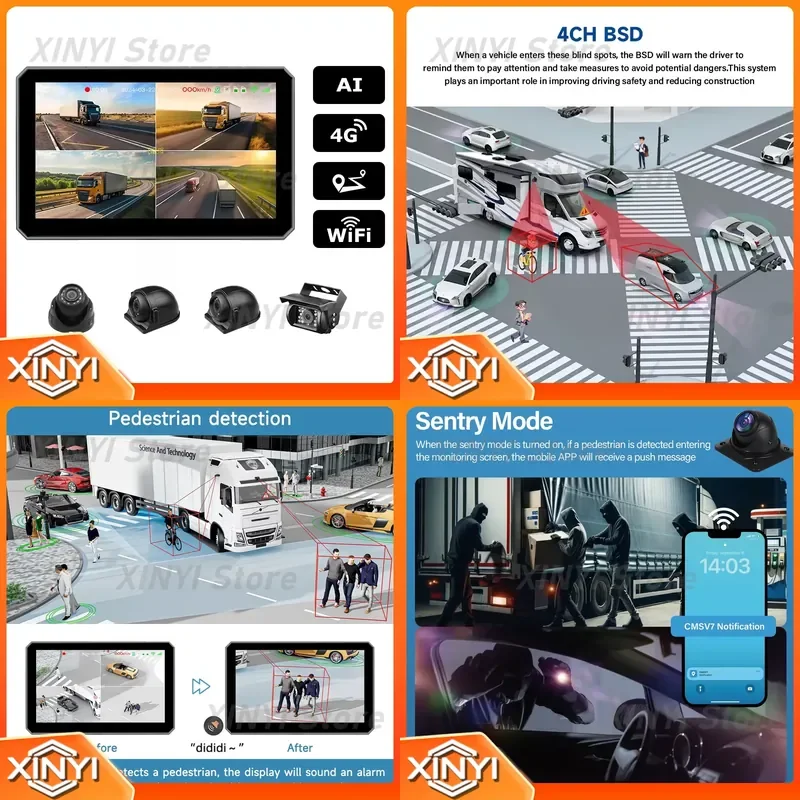 10Inch AI BSD Blind Spot Detection Camera System for Truck Bus RV with Waterproof DVR Monitor Vehicle Pedestrian Detection