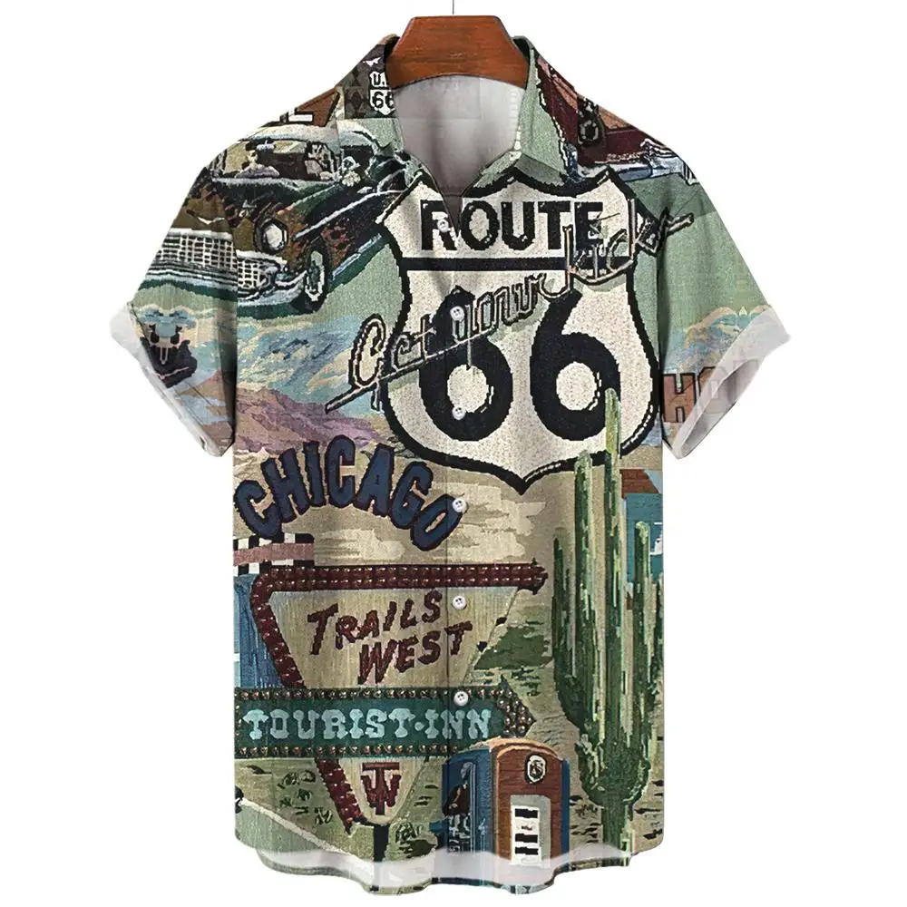 Vintage Men\'s Shirts Route 66 Classic Cars Tees 3d Print Short Sleeve Top Summer Clothes Route 66 Pattern Blouse Oversized Shirt