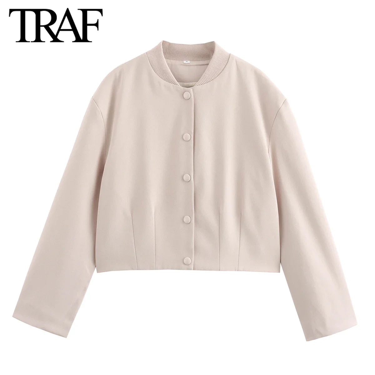 TRAF Women Fashion Autumn Solid Color Loose Pilot Jacket Long-sleeved Single-breasted Stand Collar Short Coats Chic Female Tops