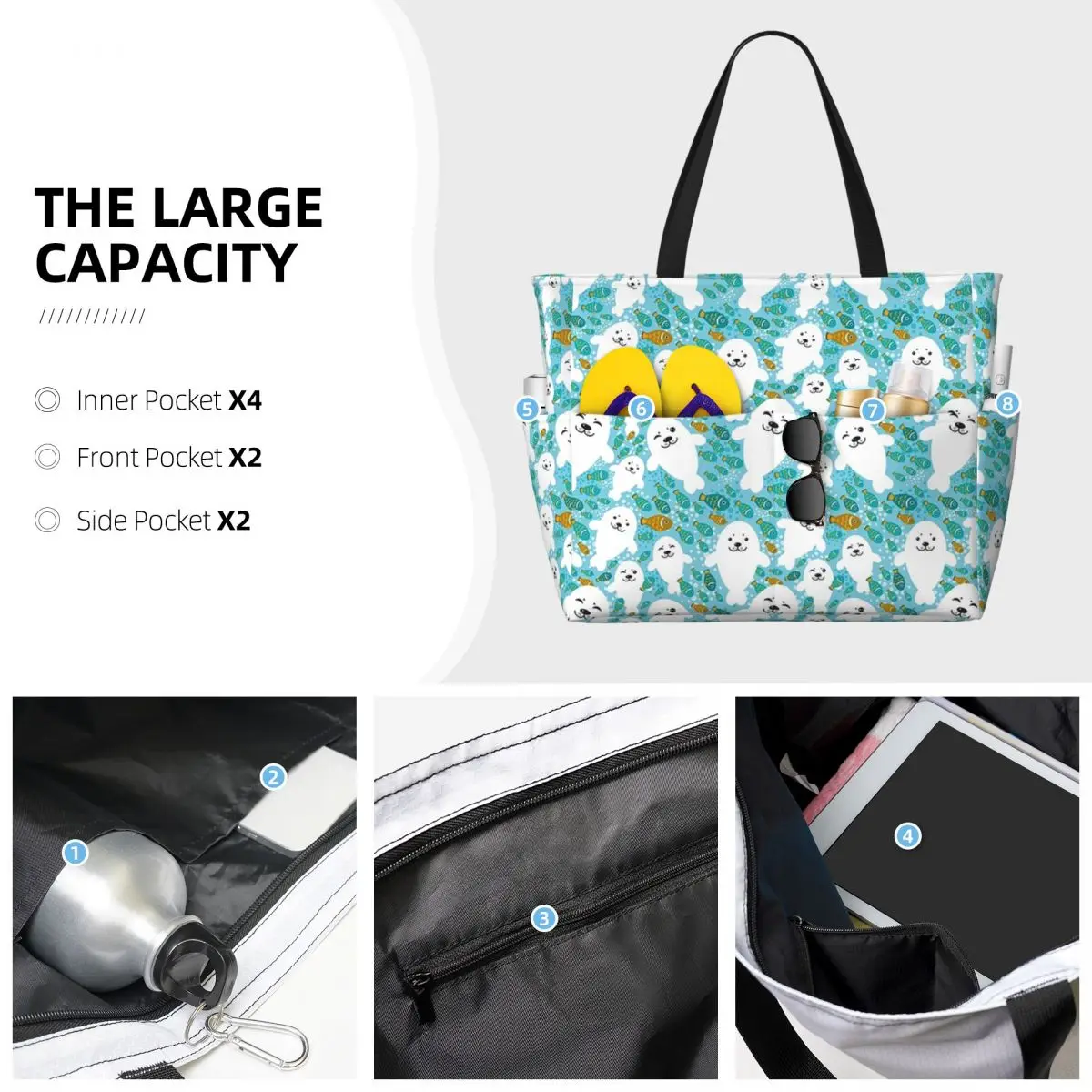 Kawaii Cute Seal And Fish In Water Beach Tote Bag Спортивная сумка для спортзала и йоги Duffle Большая женская дорожная сумка Сумка для фитнеса