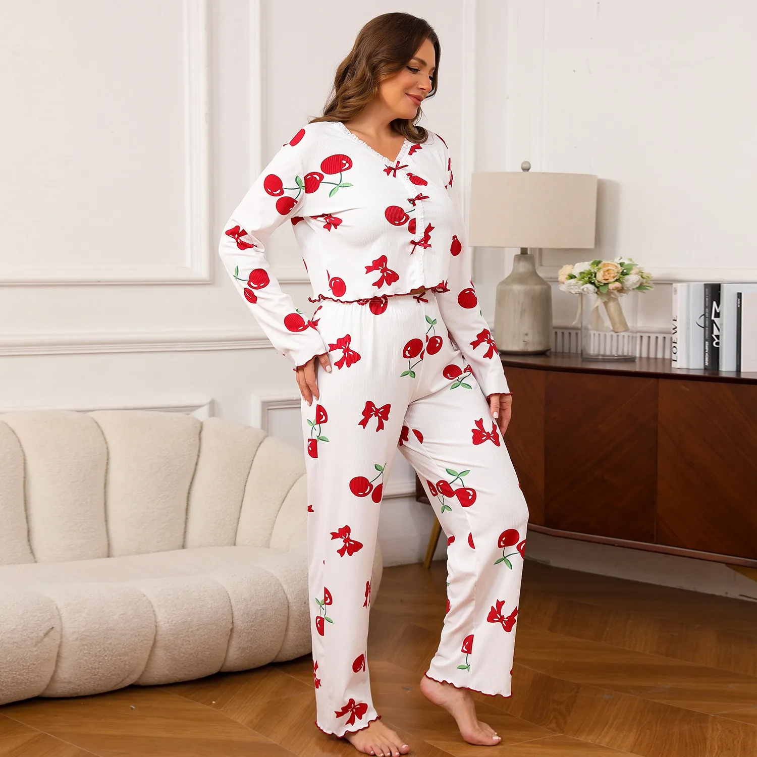 Women's Long Sve Bow Tie Suit Set with Long Pants Home Wear Comfortable Breathable Summer Outfit Thiened Foreign Trade