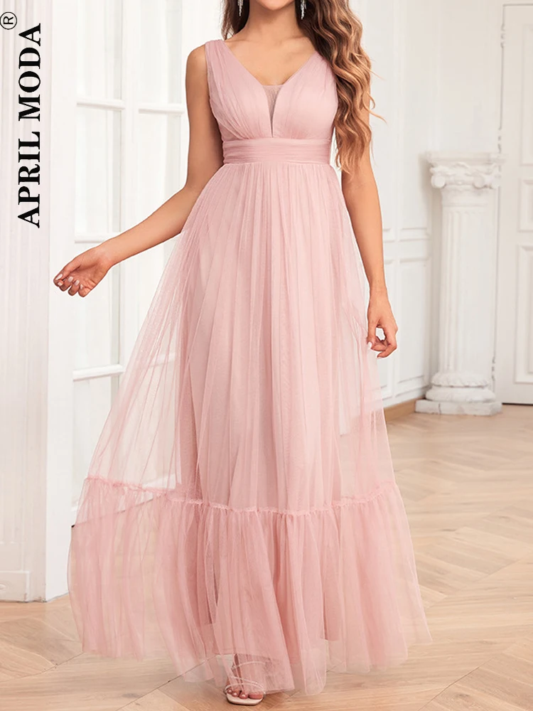 

Elegant Tulle Long Evening Laides Dress A Line V Neck Sleeveless High Waist Prom Dresses Pink Formal Party Gowns Robes De Soirée