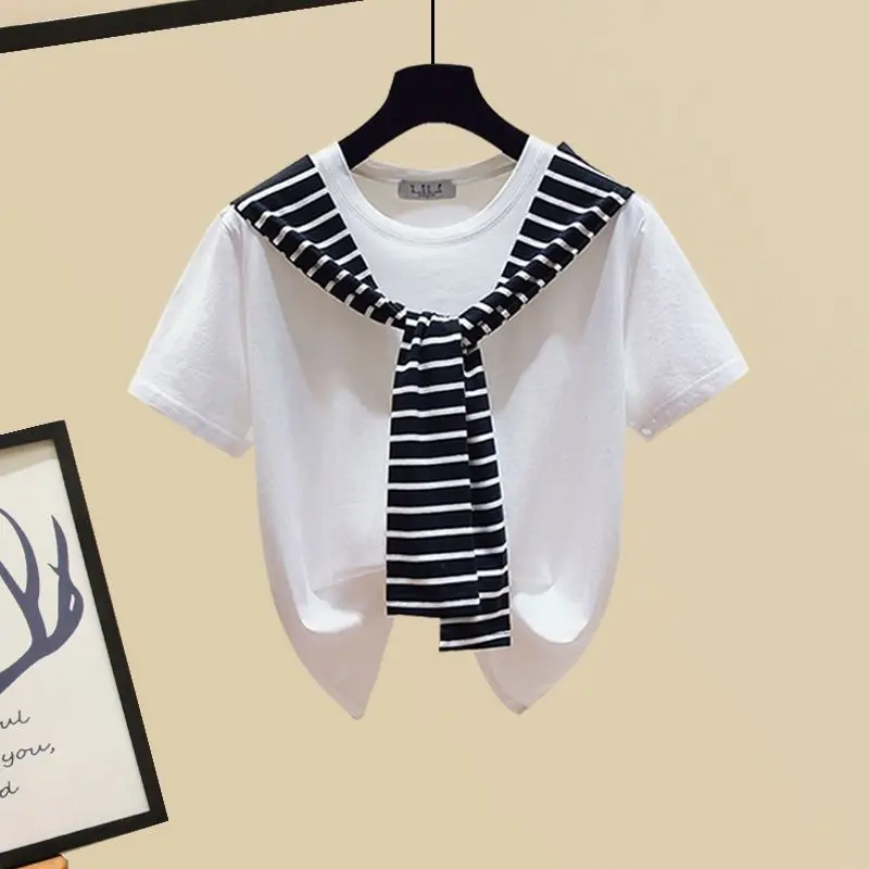 Summer Suit Women's Korean Version Loose Stripes  Fashion Shawl T-shirt High Waist Denim Suit Skirt Two-piece Set Matching Sets