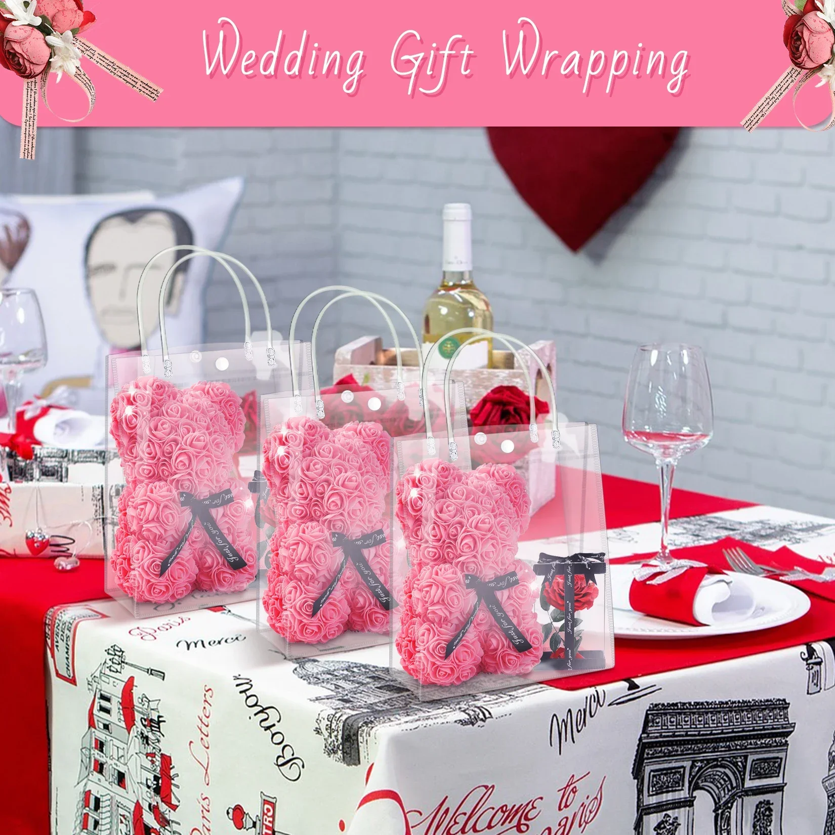 Clear PVC Gift Bags with Handles Reusable Plastic Wrap Tote Bags Transparent Shopping Bag for Christmas Party Favors Merchandise