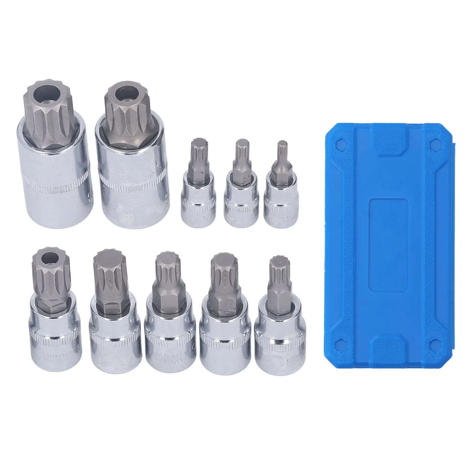 

10pcs Spline Bit Socket Triple Spline Bit Socket M4 To 1/4in 3/8in 1/2in Drive Bit Socket Set with Storage Box