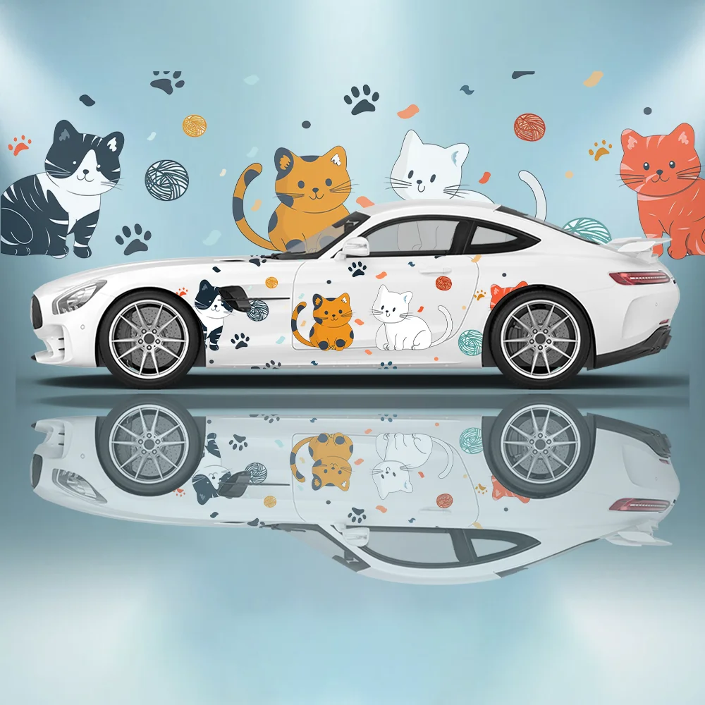 Cheerful Adorable Cartoon Cat Car Side Sticker Decor,PVC Waterproof Scratch Resistant Decal,Car Protection,Auto Accessories Gift
