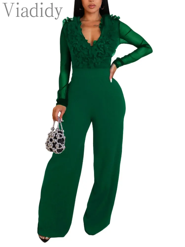 

Women's Sheer Mesh Long Sleeve Ruffle V Neck Wide Leg Jumpsuit Elegant Party Cocktail Romper