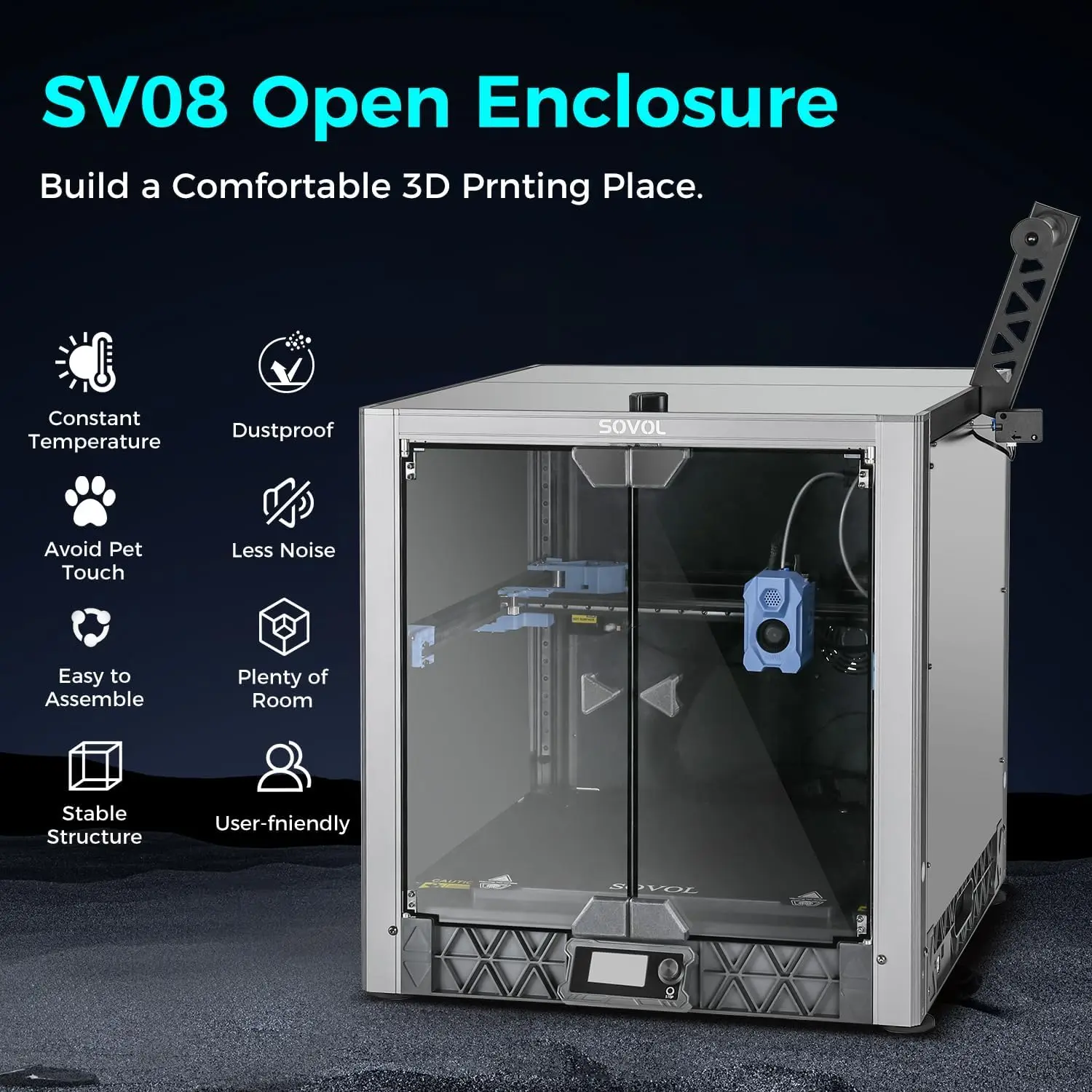 Sovol Metal and Tempered Glass Open Enclosure with Drag Chain and Filter Fan for Sovol SV08