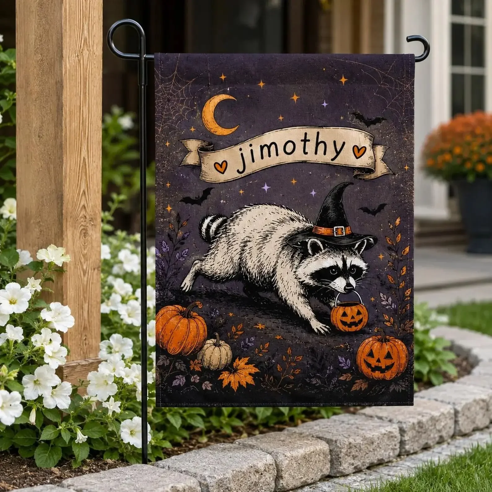 Jimothy Series Raccoon Print Halloween Garden Flag - Witch Hat, Pumpkin, Trick-or-Treat Design, Outdoor Safe Yard Decoration for Lawn, Patio