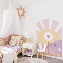 Art Pink Arch Daisy Self-Adhesive Wall Decals for Nursery Girl Room Kids Rooms Colorful Decorative Wall Stickers Living Room