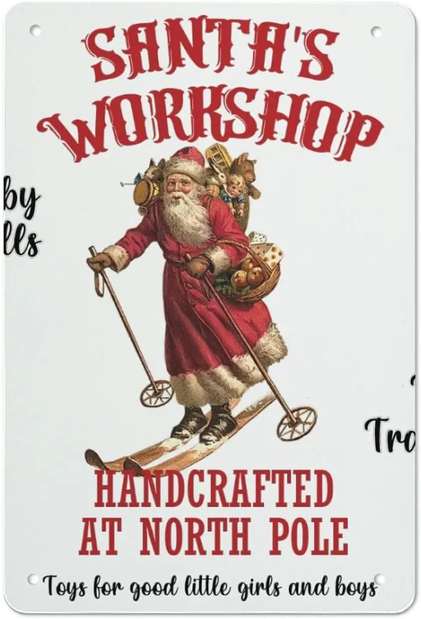 Christmas Santas Workshop Handcrafted at North Pole Tin Sign Snowman Decor Aluminum Tin Sign Christmas Snowflake Wall Plaque Hom