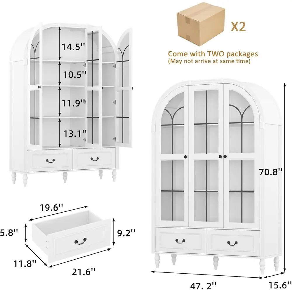 70.8'' Tall Arched Kitchen Pantry Cabinet, Large armhouse Storage Cabinet with Glass Do, Display Case, Wood Bookshel with 2 Ders view 2