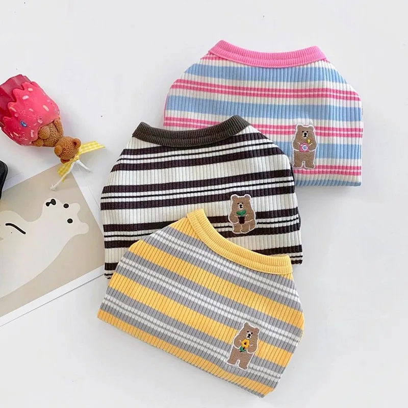 Dog Vest with Bear Print Puppy Clothes Summer Cotton T-Shirt Striped Dog Shirt Girls Dog Costume Chihuahua Korean Style Clothing