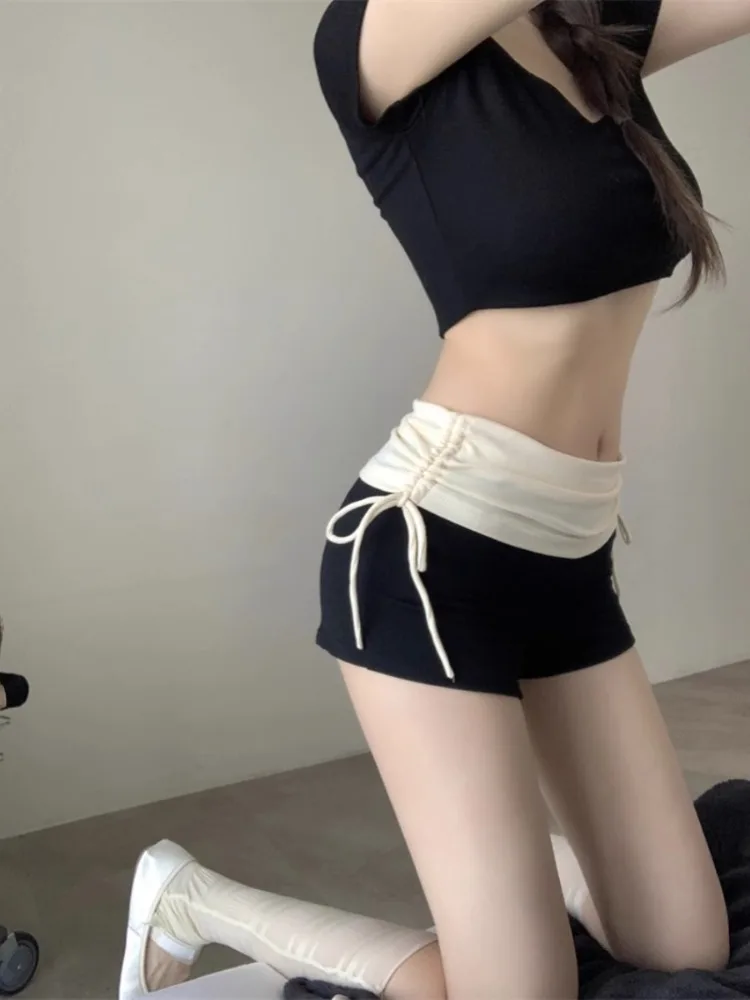 ADAgirl Sport Contrast Patchwork Shorts for Women Lace Up Shirring Elastic High Waist Short Pants Sexy Girl Tight Shorts Summer