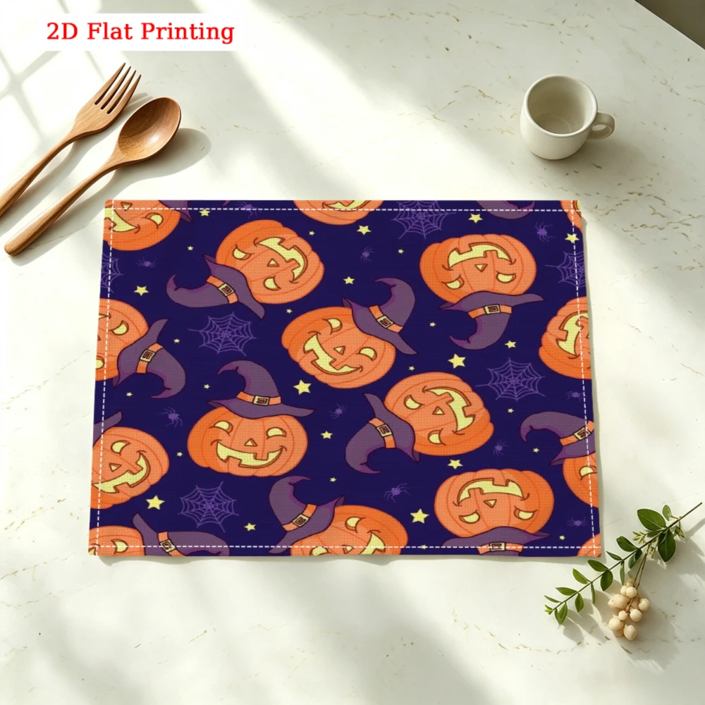 1pc Halloween Pumpkin Placemat Purple Witch Hat Print Table Mat Kitchen Dining Decor Non Slip Heat Resistant 30x40cm
