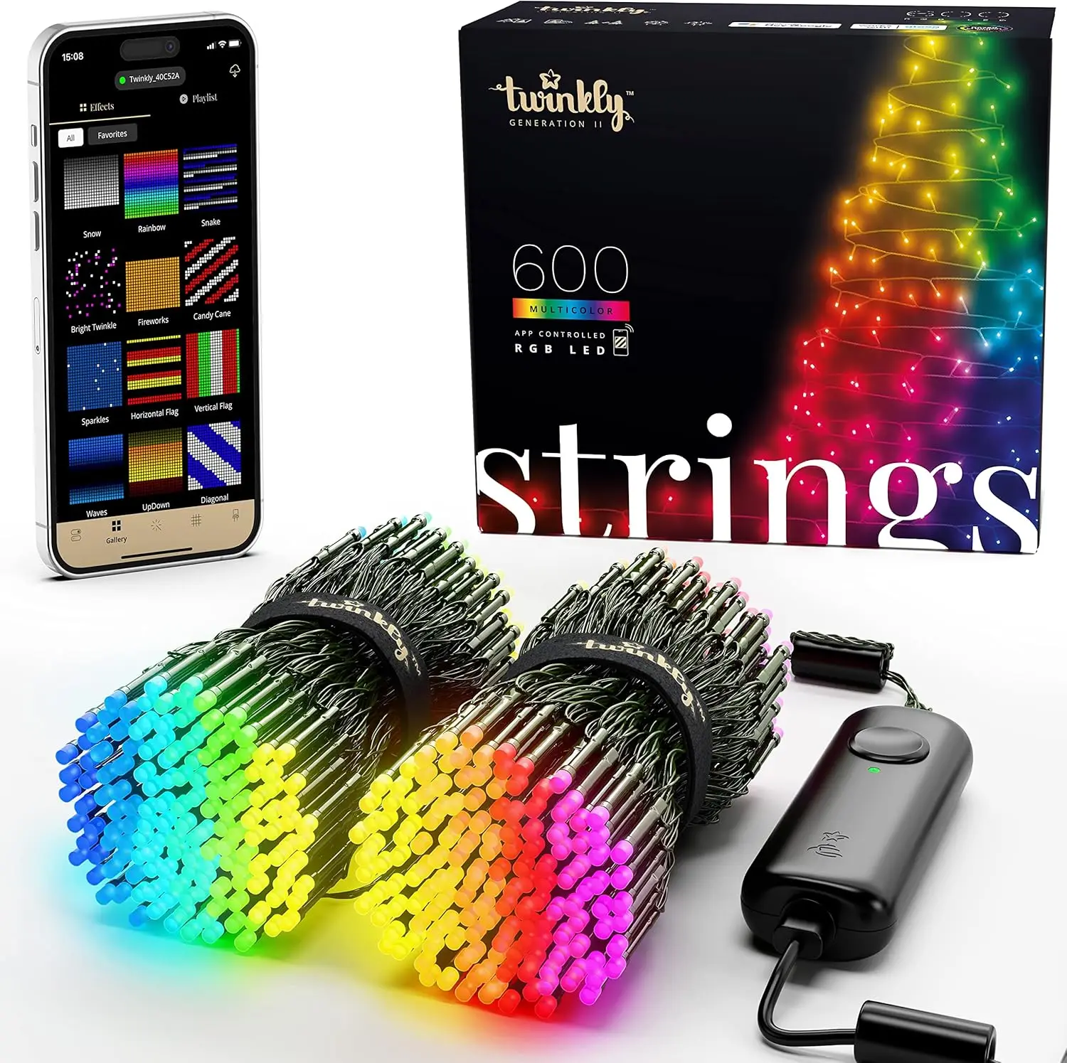 Strings – App-Controlled LED Lights String with 600 RGB (16 Million Colors) LEDs. 157.5 feet. Green Wire. Indoor and Outdoor Sma