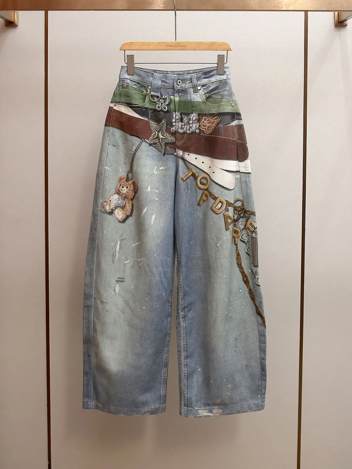 High-end Women's Clothing Spring New Locomotive Style Spice Girl Design Sense Printing A Word High Waist Jeans Women
