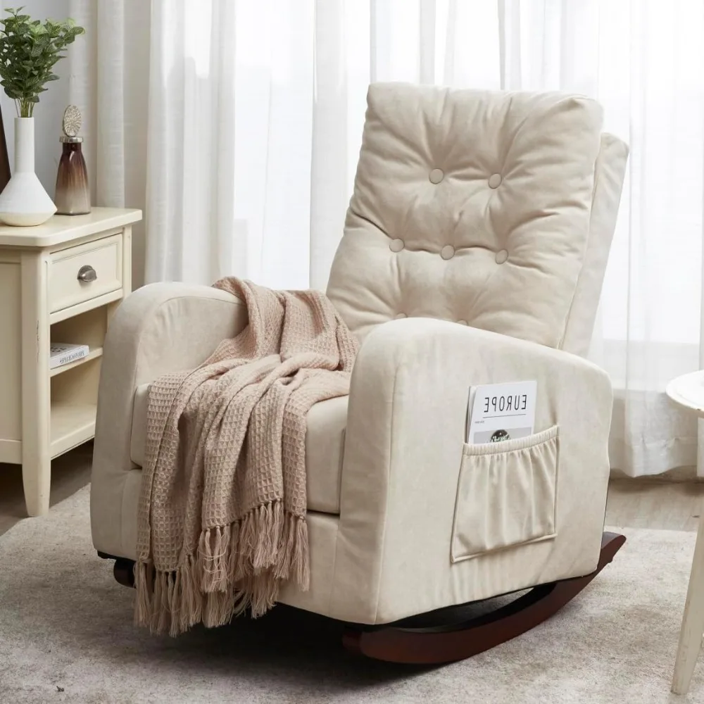 

High Back Rocking Chair,Linen Fabric Single Sofa Chair with Side Pocket,Rocker Chair,Padded Armchair,Living Room,Office,Beige