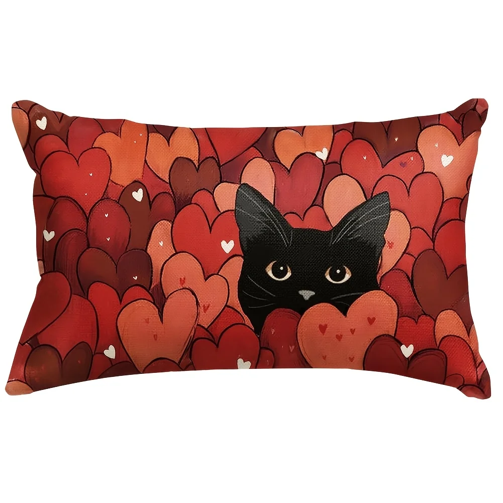 1pc Black Cat Heart All Over Print Lumbar Pillow Cover, Suitable for Sofa, Bedroom, Living Room, Sweet Gift for Cat Lovers.
