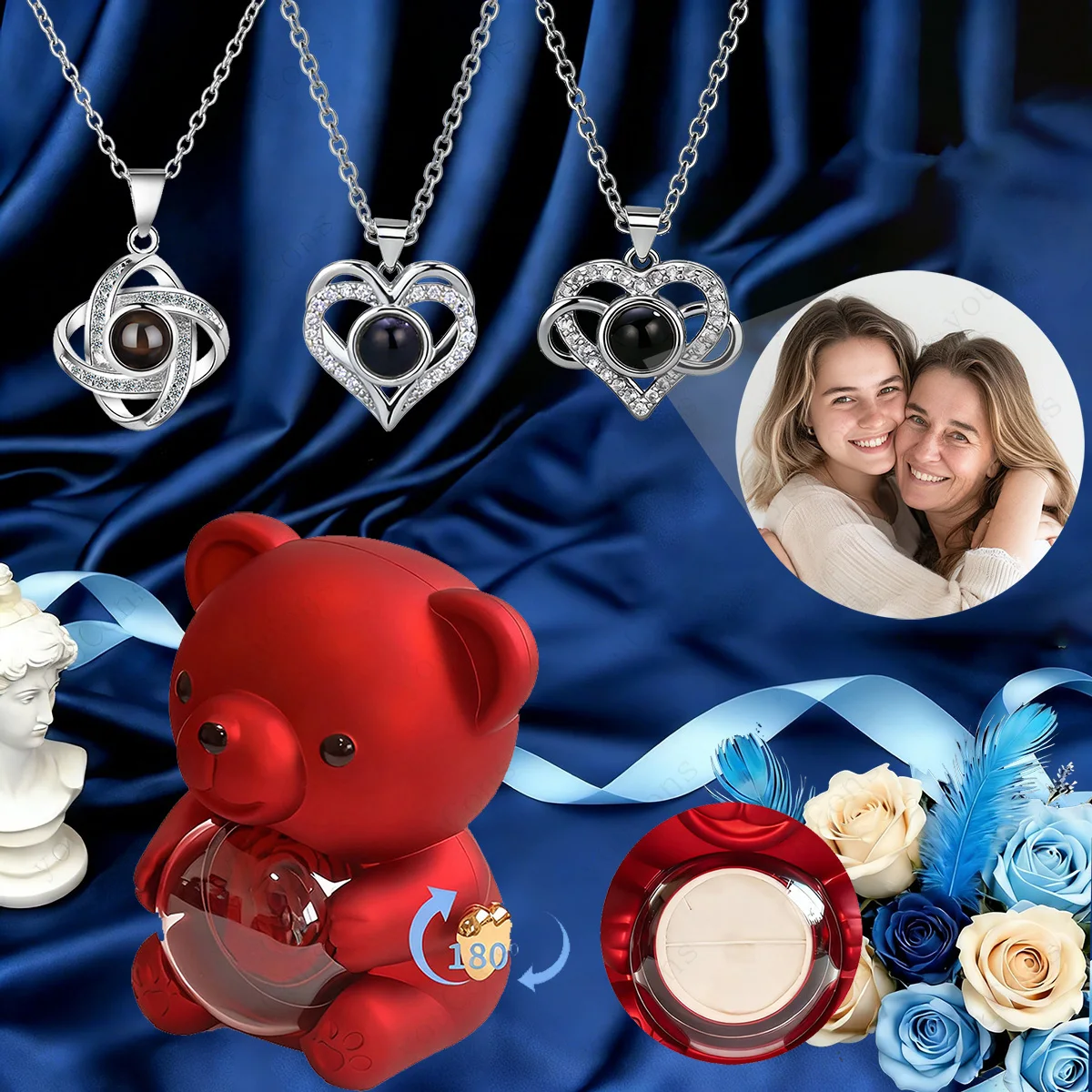 Custom Color Photo Projection Pendant Necklace with Exquisite Bear Rose Gift Box Valentine'sDay Mother's Day Birthday for Ladies