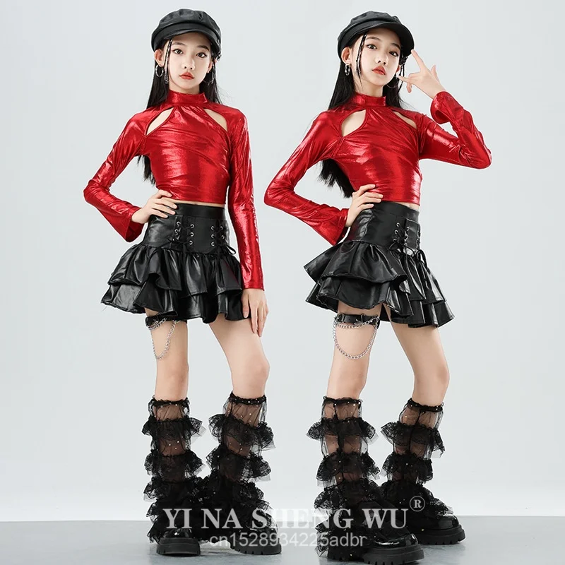 الفتيات K-pop لامعة الأحمر المحاصيل الأعلى التنانير السوداء الملابس مجموعات بارد الهيب هوب زي مجموعة الشارع الرقص الزي أزياء المرحلة ارتداء العرض