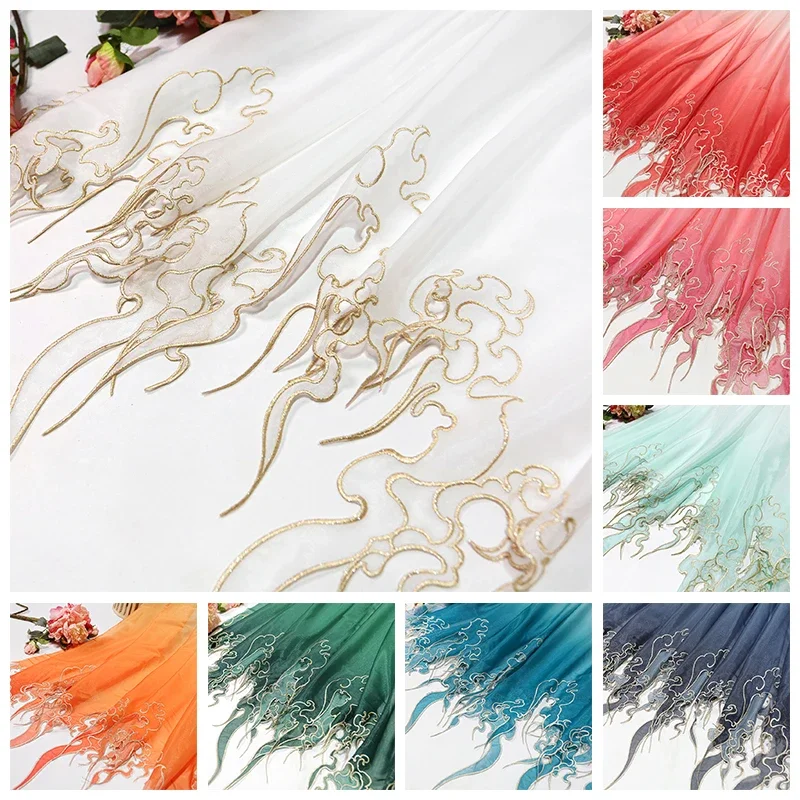 Chinese Style Embroidery Lotus Leaf Gradient Fabric for DIY Hanfu Dress Skirt Stage Costume Wedding Attire Designer Sewing Cloth view 6