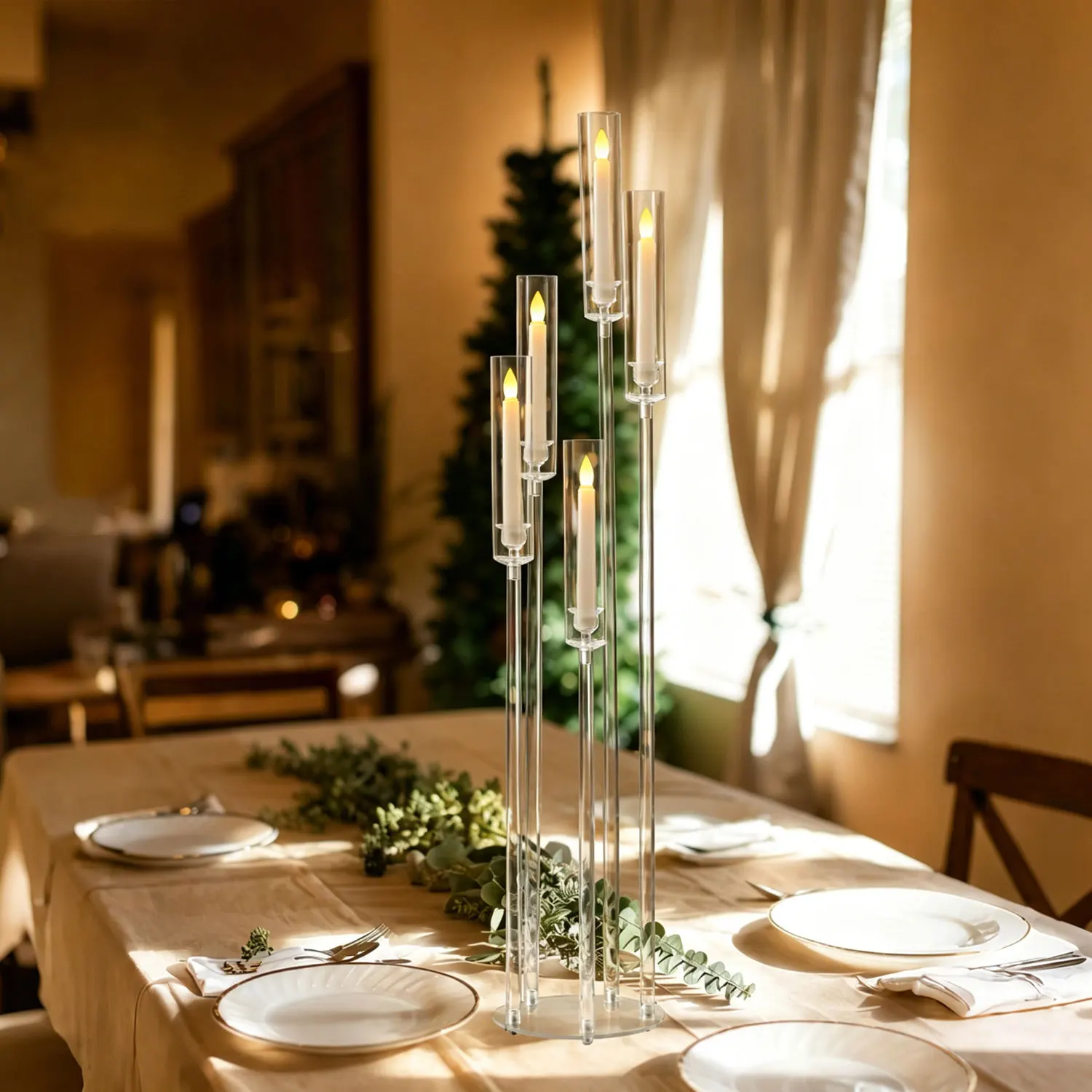 Acrylic Candelabra 5 Arm Tall Clear Candle Holder Wedding Table Centerpiece Ceremony Party Banquet Home Decoration 10PCS