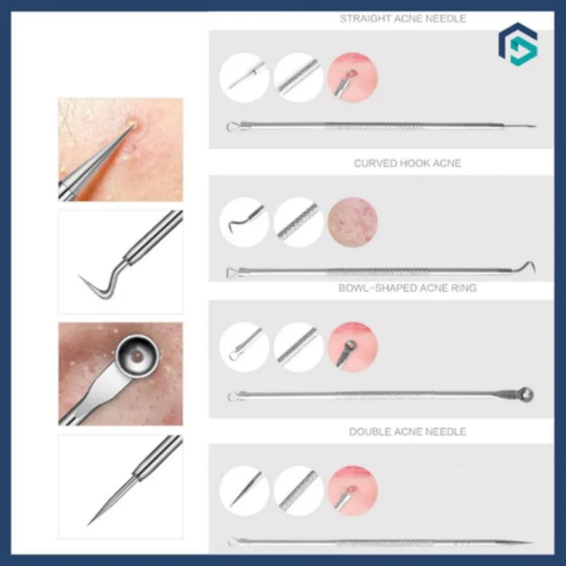 にきび除去ツール 8 個セット - ステンレススチールの傷とニキビ抽出ツール - すべての肌タイプ用スクイーザーセット