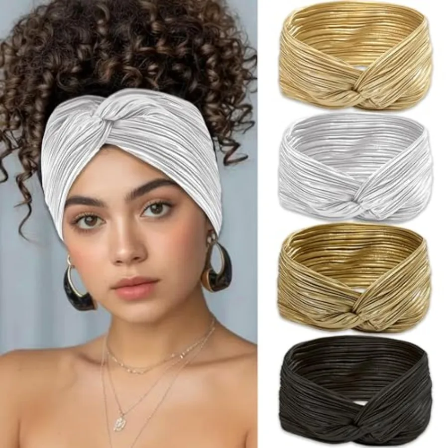 

4 Pcs Boho Gold Headbands for Women Short Twist Hair Bands Wrinkle Metallic Turban Head Bands Christmas Non Slip Workout Yoga W